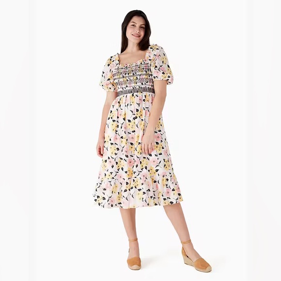 Kate Spade New York Lily Blooms Smocked Multi Floral Pastel Midi Dress - Picture 11 of 15